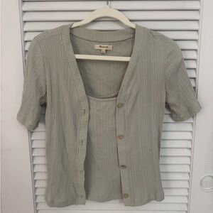 Madewell Light Sage Green Pointelle Ribbed Cardigan and Tank Set